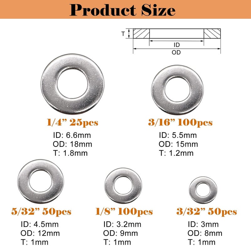 Sunxeke 325pcs Stainless Steel Washers for Blind Pop Rivets Assortment Kit, Backup Rivet Washers Diameter 3/32 inch 1/8inch 5/32inch 3/16inch 1/4inch - Image 2